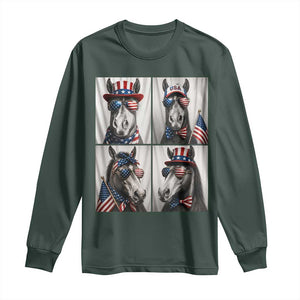 Patriotic Horse Selfie Squad Long Sleeve Shirt USA Flag Red White And Blue Graphic TS12 Dark Forest Green Print Your Wear