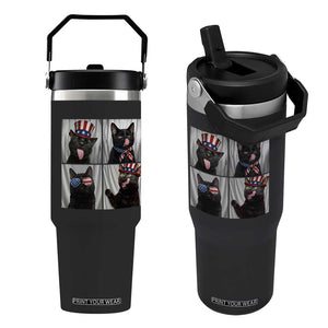 Funny Patriotic Black British Shorthair Cat Selfie Flip Straw Tumbler