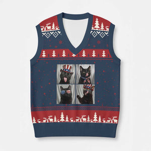 Funny Patriotic Black British Shorthair Cat Selfie V-Neck Knit Sweater Vest TS12 Navy Red Print Your Wear