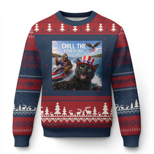 Patriotic Bigfoot And Cat Ugly Christmas Sweater Chill The Fourth Out TS12 Navy Red Print Your Wear