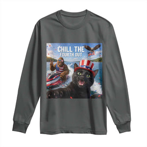 Patriotic Bigfoot And Cat Long Sleeve Shirt Chill The Fourth Out TS12 Dark Heather Print Your Wear