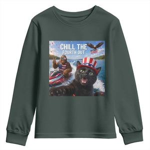 Patriotic Bigfoot And Cat Youth Sweatshirt Chill The Fourth Out TS12 Dark Forest Green Print Your Wear
