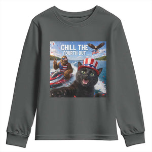 Patriotic Bigfoot And Cat Youth Sweatshirt Chill The Fourth Out TS12 Dark Heather Print Your Wear