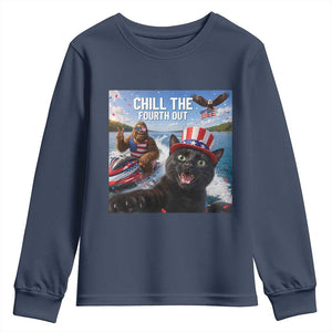Patriotic Bigfoot And Cat Youth Sweatshirt Chill The Fourth Out TS12 Navy Print Your Wear