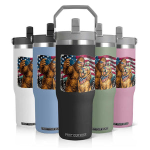 Funny Patriotic Bigfoot Golden Retriever Selfie Squad Flip Straw Tumbler