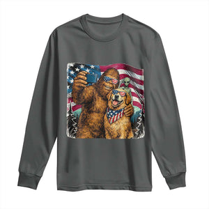 Funny Patriotic Bigfoot Golden Retriever Selfie Squad Long Sleeve Shirt TS12 Dark Heather Print Your Wear
