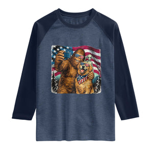 Funny Patriotic Bigfoot Golden Retriever Selfie Squad Raglan Shirt TS12 Heather Denim Navy Print Your Wear