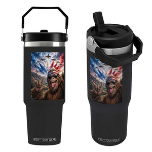 Patriotic Bigfoot 4th Of July Selfie Flip Straw Tumbler Funny USA Freedom Jet Fighter Graphic