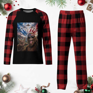 Patriotic Bigfoot 4th Of July Selfie Plaid Pajama Set Funny USA Freedom Jet Fighter Graphic TS12 Buffalo Plaid Print Your Wear