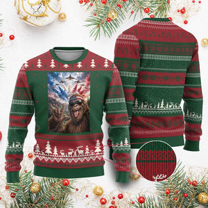 Patriotic Bigfoot 4th Of July Selfie Ugly Christmas Sweater Funny USA Freedom Jet Fighter Graphic