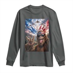 Patriotic Bigfoot 4th Of July Selfie Long Sleeve Shirt Funny USA Freedom Jet Fighter Graphic TS12 Dark Heather Print Your Wear