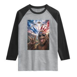 Patriotic Bigfoot 4th Of July Selfie Raglan Shirt Funny USA Freedom Jet Fighter Graphic TS12 Heather Gray Black Print Your Wear