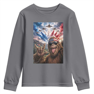 Patriotic Bigfoot 4th Of July Selfie Youth Sweatshirt Funny USA Freedom Jet Fighter Graphic TS12 Charcoal Print Your Wear