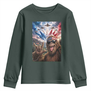 Patriotic Bigfoot 4th Of July Selfie Youth Sweatshirt Funny USA Freedom Jet Fighter Graphic TS12 Dark Forest Green Print Your Wear