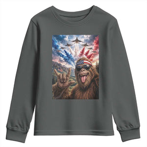 Patriotic Bigfoot 4th Of July Selfie Youth Sweatshirt Funny USA Freedom Jet Fighter Graphic TS12 Dark Heather Print Your Wear