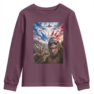 Patriotic Bigfoot 4th Of July Selfie Youth Sweatshirt Funny USA Freedom Jet Fighter Graphic TS12 Maroon Print Your Wear