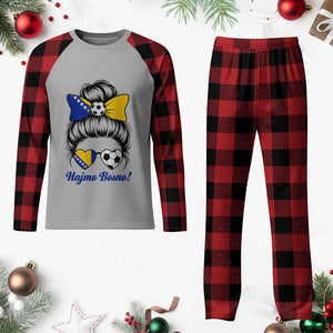 Bosnia Soccer Messy Bun Plaid Pajama Set Hajmo Bosno Game Day Gift