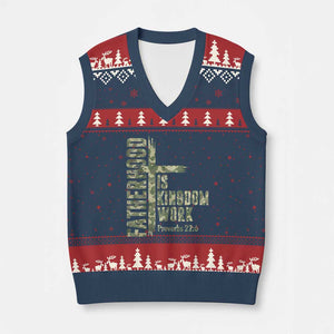 Fatherhood Is Kingdom Work V-Neck Knit Sweater Vest Camo Christian Fathers Day Gift