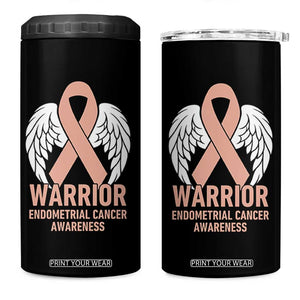 Endometrial Cancer Warrior 4 in 1 Can Cooler Tumbler Peach Ribbon Angel Wings Support