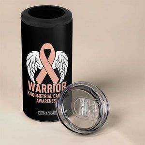 Endometrial Cancer Warrior 4 in 1 Can Cooler Tumbler Peach Ribbon Angel Wings Support