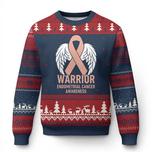 Endometrial Cancer Warrior Ugly Christmas Sweater Peach Ribbon Angel Wings Support
