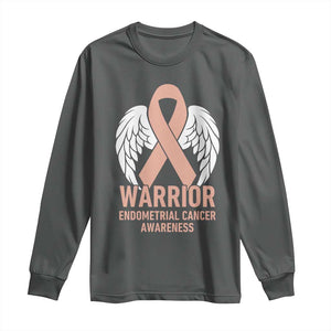 Endometrial Cancer Warrior Long Sleeve Shirt Peach Ribbon Angel Wings Support