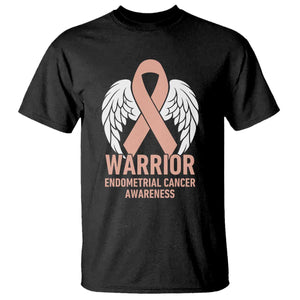 Endometrial Cancer Warrior T Shirt Peach Ribbon Angel Wings Support