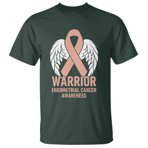 Endometrial Cancer Warrior T Shirt Peach Ribbon Angel Wings Support