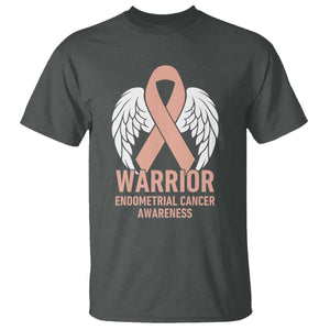 Endometrial Cancer Warrior T Shirt Peach Ribbon Angel Wings Support