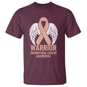 Endometrial Cancer Warrior T Shirt Peach Ribbon Angel Wings Support