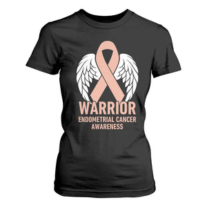 Endometrial Cancer Warrior T Shirt For Women Peach Ribbon Angel Wings Support