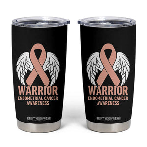 Endometrial Cancer Warrior Tumbler Cup Peach Ribbon Angel Wings Support