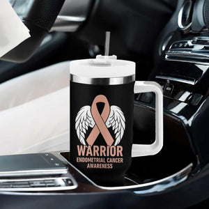 Endometrial Cancer Warrior Tumbler With Handle Peach Ribbon Angel Wings Support