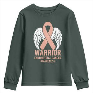 Endometrial Cancer Warrior Youth Sweatshirt Peach Ribbon Angel Wings Support