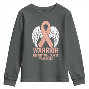Endometrial Cancer Warrior Youth Sweatshirt Peach Ribbon Angel Wings Support
