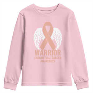 Endometrial Cancer Warrior Youth Sweatshirt Peach Ribbon Angel Wings Support
