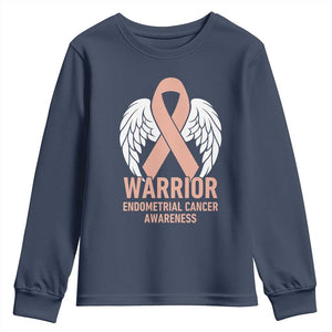 Endometrial Cancer Warrior Youth Sweatshirt Peach Ribbon Angel Wings Support