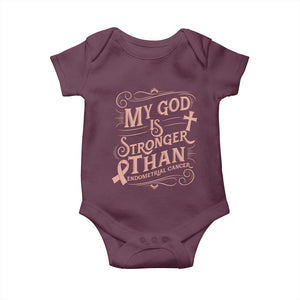 Christian Faith Peach Ribbon Baby Onesie My God Is Stronger Than Endometrial Cancer