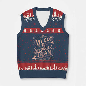 Christian Faith Peach Ribbon V-Neck Knit Sweater Vest My God Is Stronger Than Endometrial Cancer