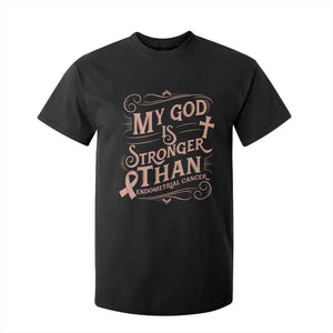 Christian Faith Peach Ribbon T Shirt For Kid My God Is Stronger Than Endometrial Cancer