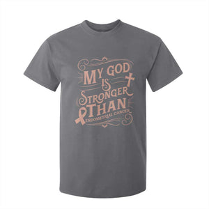 Christian Faith Peach Ribbon T Shirt For Kid My God Is Stronger Than Endometrial Cancer