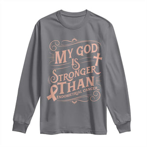 Christian Faith Peach Ribbon Long Sleeve Shirt My God Is Stronger Than Endometrial Cancer