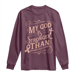 Christian Faith Peach Ribbon Long Sleeve Shirt My God Is Stronger Than Endometrial Cancer