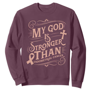 Christian Faith Peach Ribbon Sweatshirt My God Is Stronger Than Endometrial Cancer