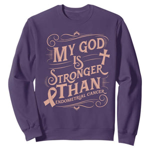Christian Faith Peach Ribbon Sweatshirt My God Is Stronger Than Endometrial Cancer