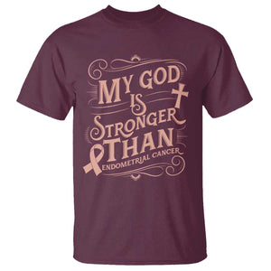 Christian Faith Peach Ribbon T Shirt My God Is Stronger Than Endometrial Cancer