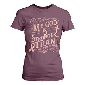 Christian Faith Peach Ribbon T Shirt For Women My God Is Stronger Than Endometrial Cancer