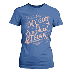 Christian Faith Peach Ribbon T Shirt For Women My God Is Stronger Than Endometrial Cancer