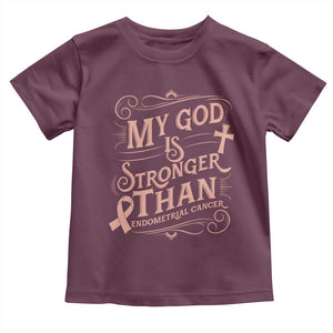 Christian Faith Peach Ribbon Toddler T Shirt My God Is Stronger Than Endometrial Cancer