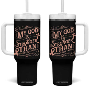 Christian Faith Peach Ribbon Tumbler With Handle My God Is Stronger Than Endometrial Cancer